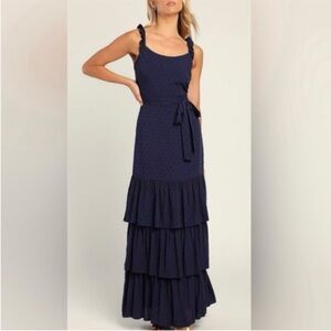 Lulus Romantic Dreams Ruffle Tiered Swiss Dot Maxi Dress in Navy Blue